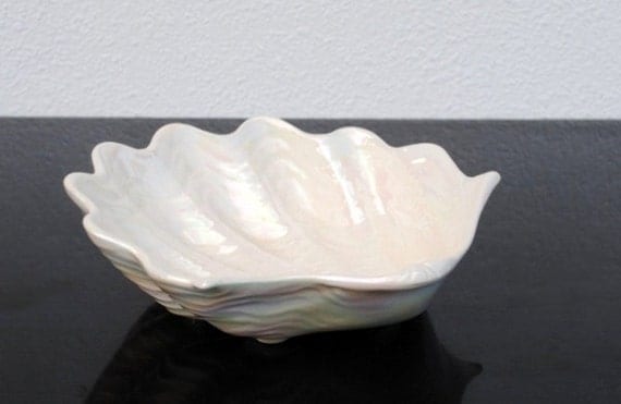 Vintage California White Pottery Seashell Bowl Mid Century
