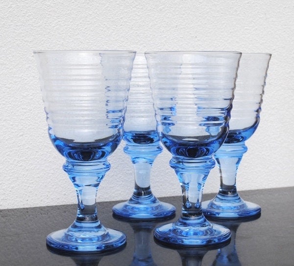 Vintage Libbey Drinking Glasses Blue Ribbed Beehive Glass