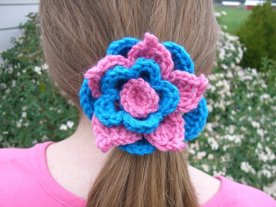 Ponytail Holder Crochet flower pink blue crochet hair