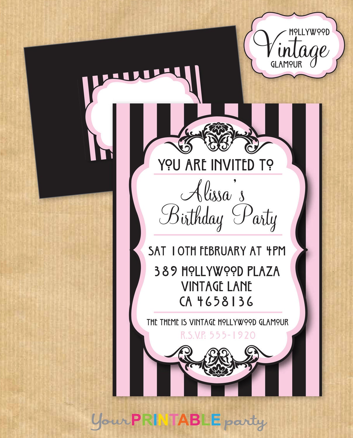 Vintage Hollywood Glamour Party INVITATION 5 x7 with