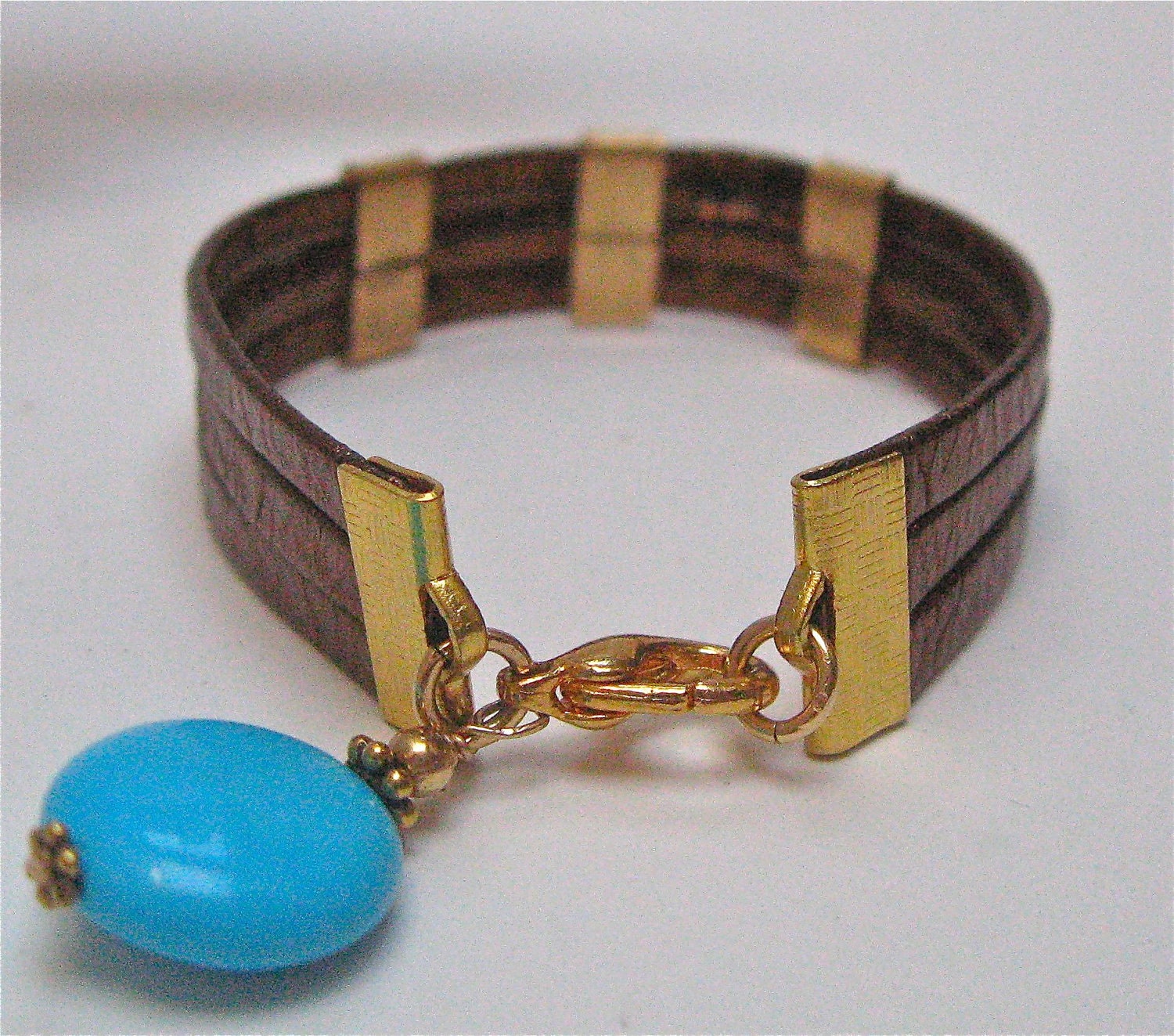 CopperColored Leather Strip Bracelet With by MetalMorphousJewelry