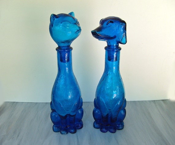 Blue Glass Dachshund dog cat Decanter Bottle set