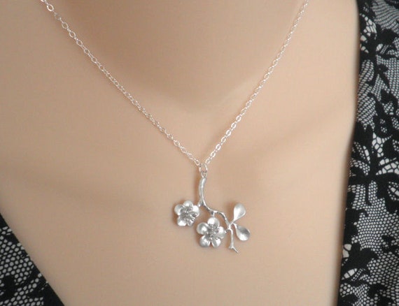Cherry Blossom Branch Necklace Sterling Silver Necklace
