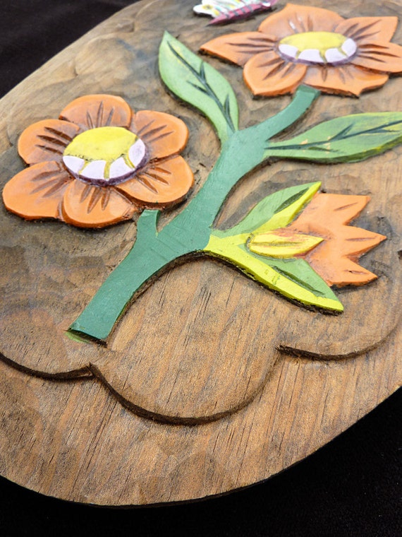 Vintage Wooden Flower Wall Plaque Wooden Relief by CampHoneybelle