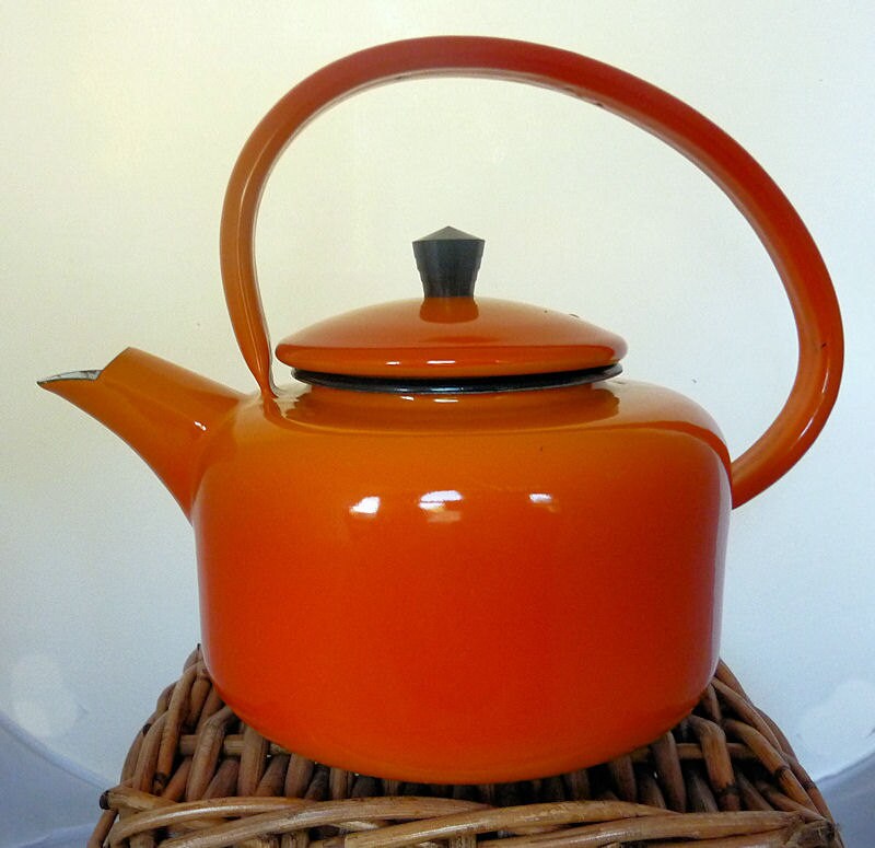 Vintage Aubecq Orange Enamel Tea Kettle Made in France