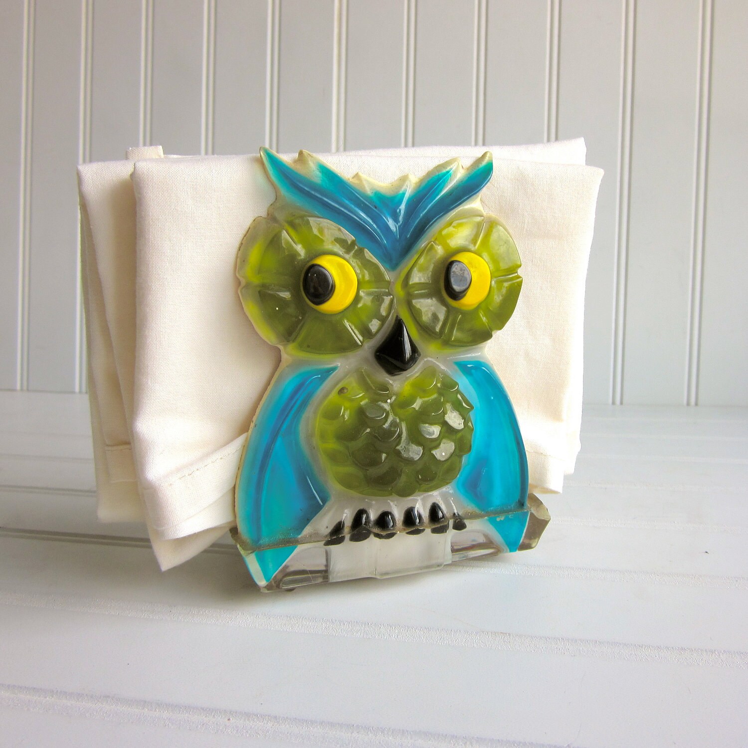 Vintage Lucite Owl Napkin Holder Turquoise by GoodBonesVintageCo