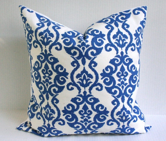 Ikat Print Accent Pillow Crisp White and Royal Blue