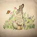 adorable vintage crewel-work on linen- bunny -wall hanging
