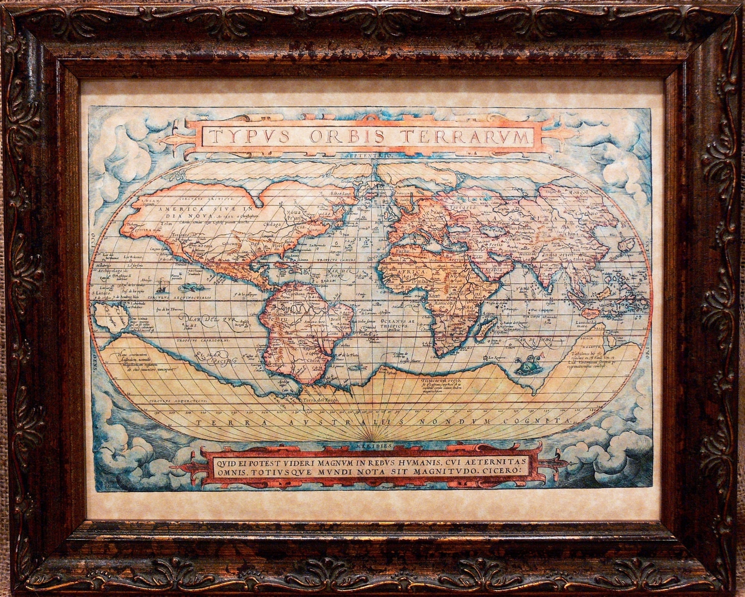 world map print of a 1572 map on parchment paper