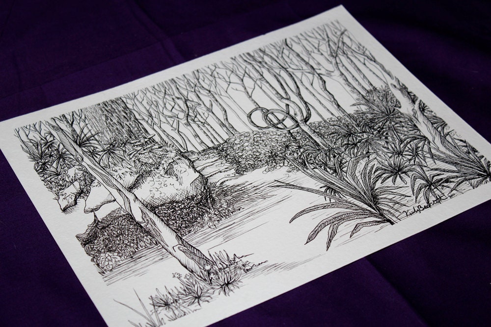 ORIGINAL Drawing FOREST PATH Ink on Paper 9x12 by LongRoadArt