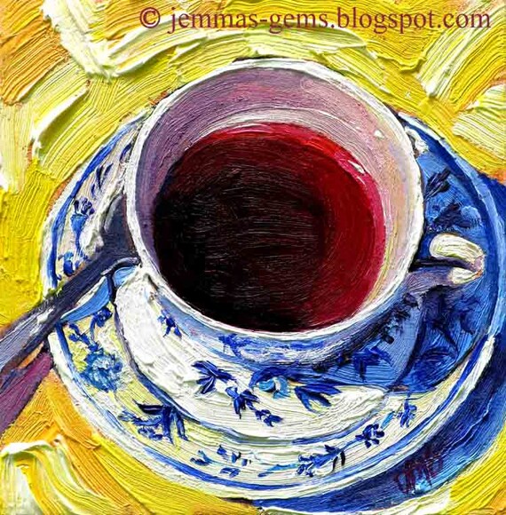 Blue Willow Tea Cup Painting - Art Print of Tea Cup-Tea Cup Art - 8 x 8  by Jemmas Gems