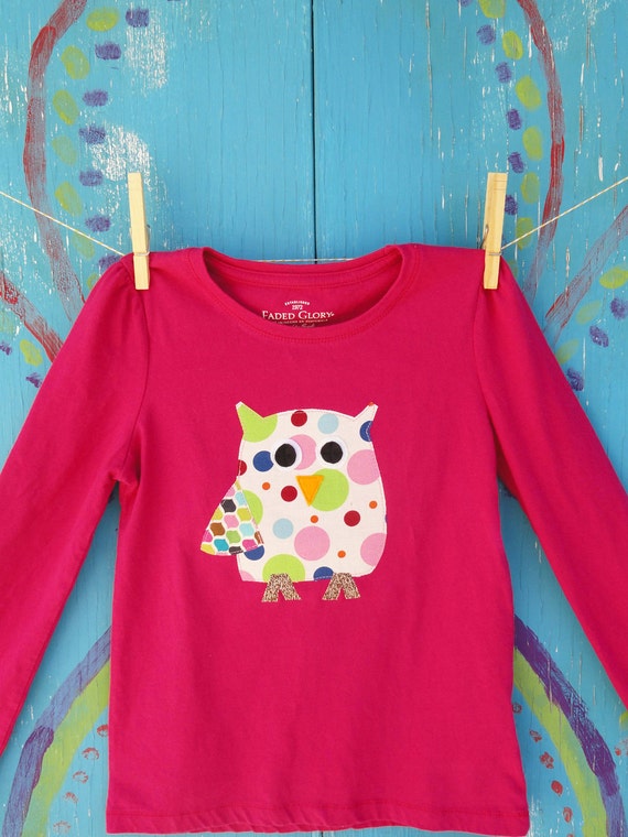Girl's Owl Shirt Appliqued Pink Youth M Med Medium 7-8