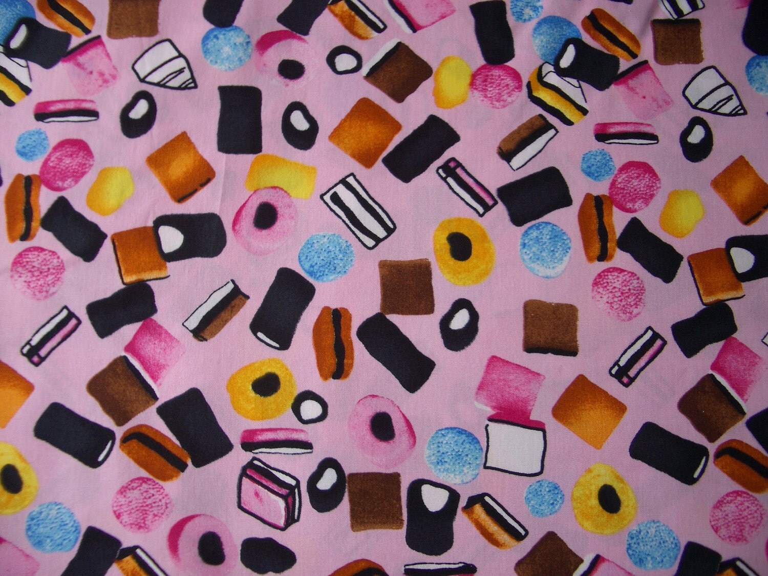 Liquorice Allsorts Fabric Sweets/Candy on Pink by DaisyPatchwork