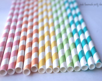 RaiNBoW Pack-PaSTeL CoLoRs- Stripes--Paper Straws--100ct with Free Printable diy Flags