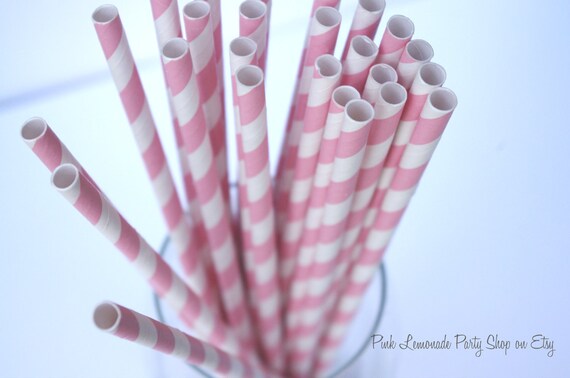 BUBBLEGUM PINK & WHITE Striped--Paper Straws--50ct with Free Printable diy Flags Il_570xn