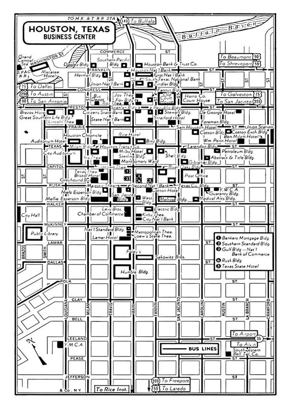 1949 Vintage Map of Downtown Houston Texas 20 x by seashoreprints