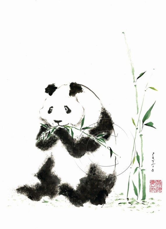 Items similar to Sumi-e Bashful Panda - Fine Art Giclee Print - 11