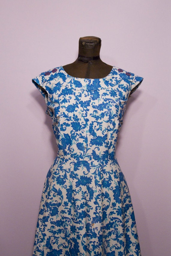 1950's Blue Leaf Cotton Day Dress by Colonial by GarbOhVintage