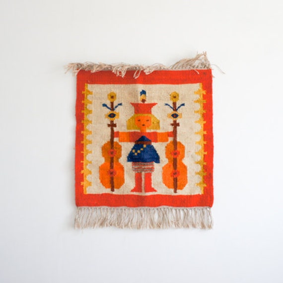 Vintage polish Kilim folk tapestry in bright orange and blues