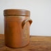 french vintage crock with lid, wheel thrown pottery with tan glaze, made in France