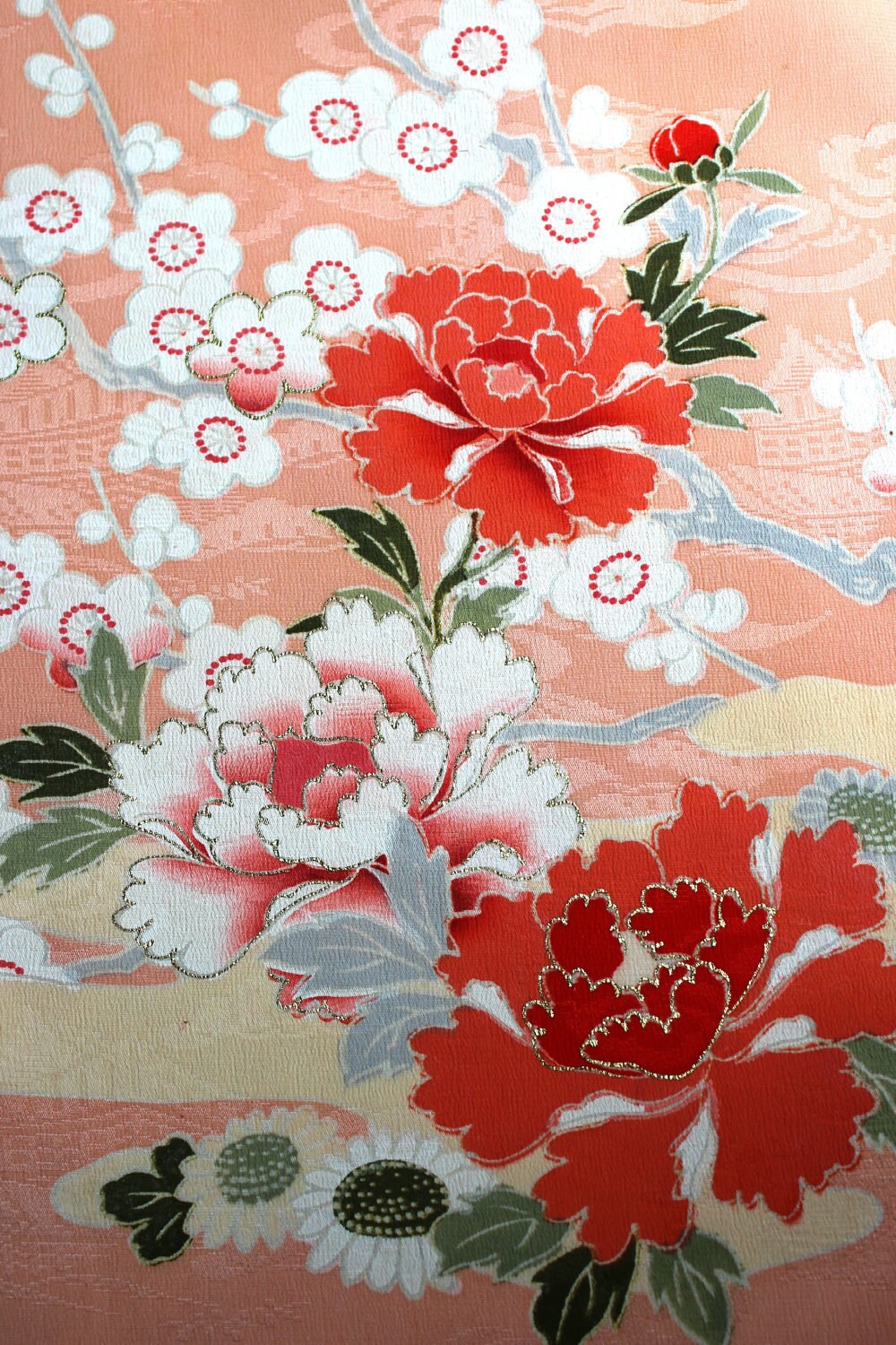 Vintage Kimono Silk Fabric Coral Silk Plum Blossoms and