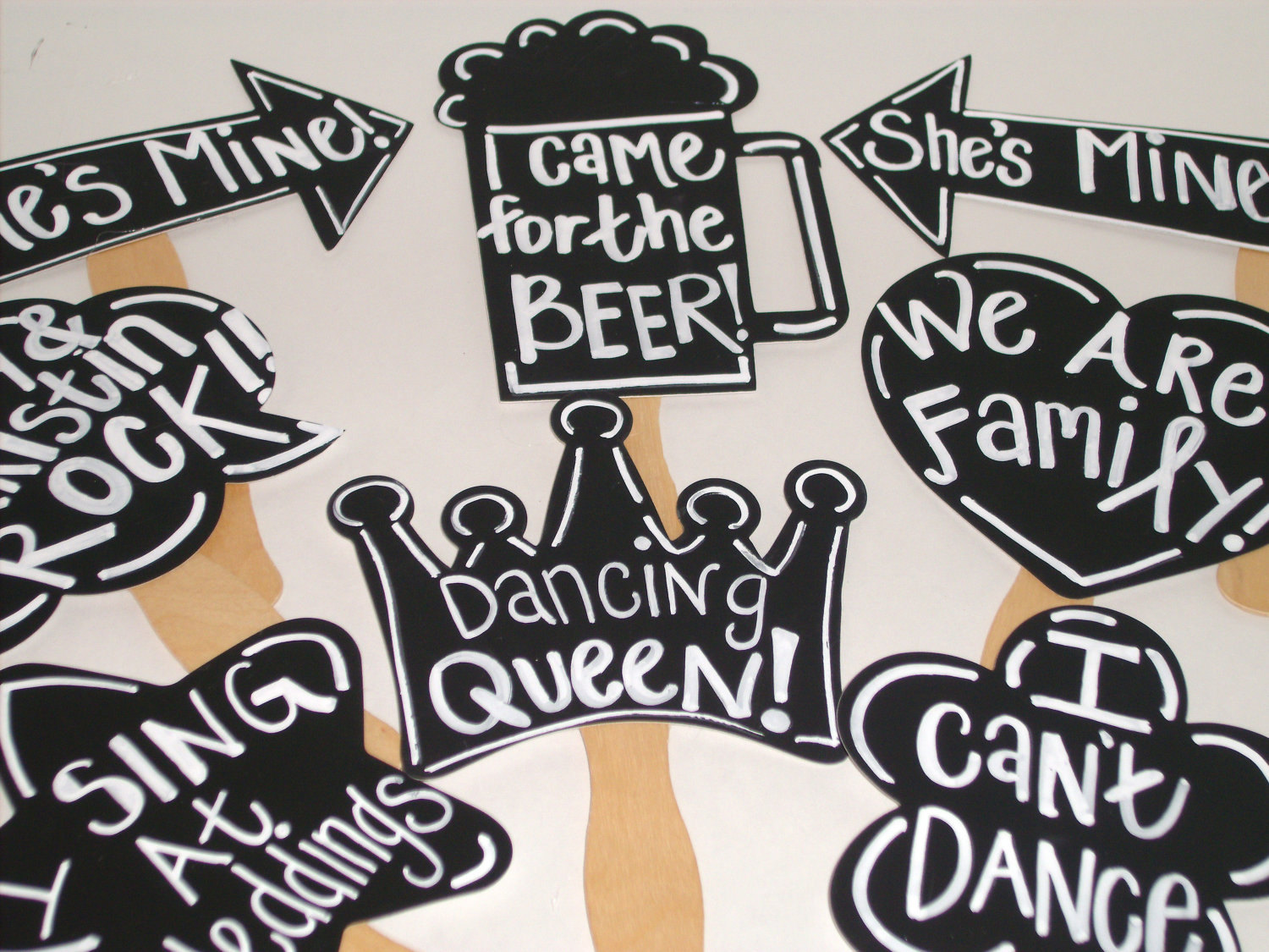 8 Chalkboard Photo booth Props WITH Phrases Written Chalk