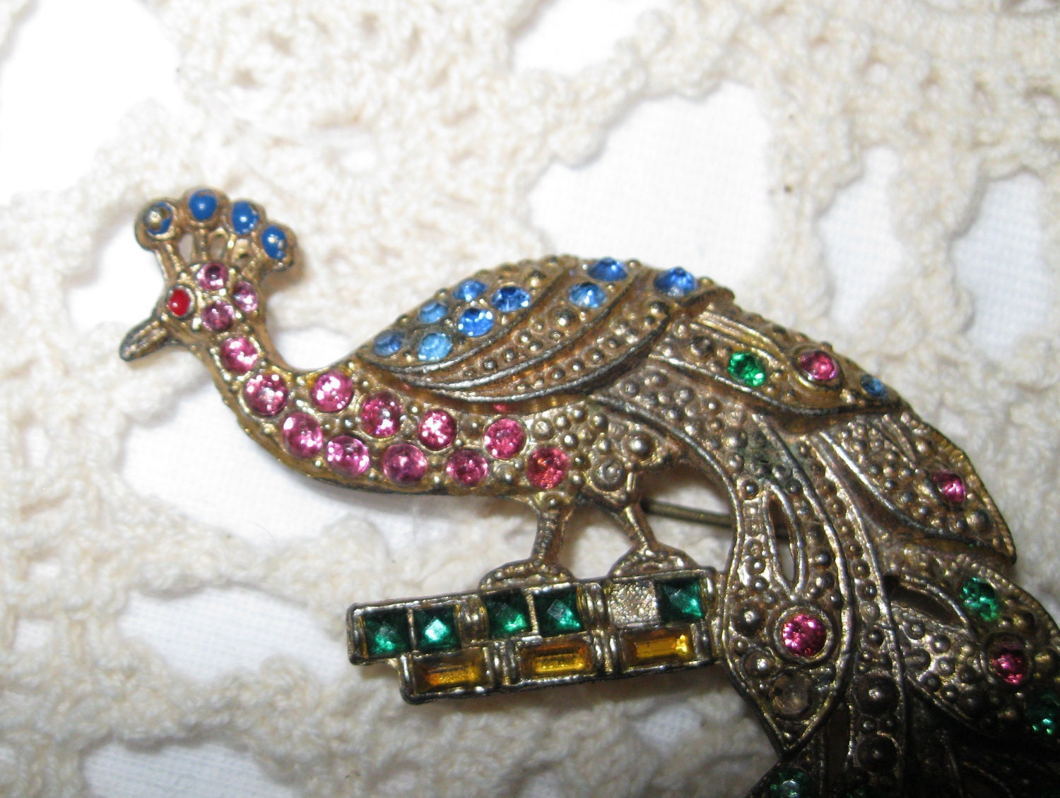 Beautifully Ornate Antique Peacock Broach W/ Pink Blue Green