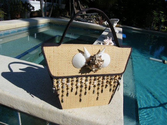 Straw Purse embellished with Seashells - Authentic from South of France boutique, Nautical Beach Style Bag with Sophistication..