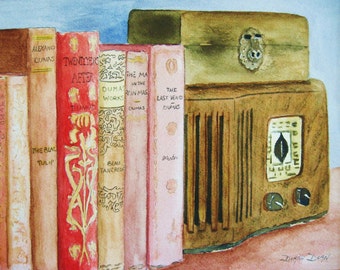 Radio and Books PRINT of WATERCOLOR Painting--Dumas Books