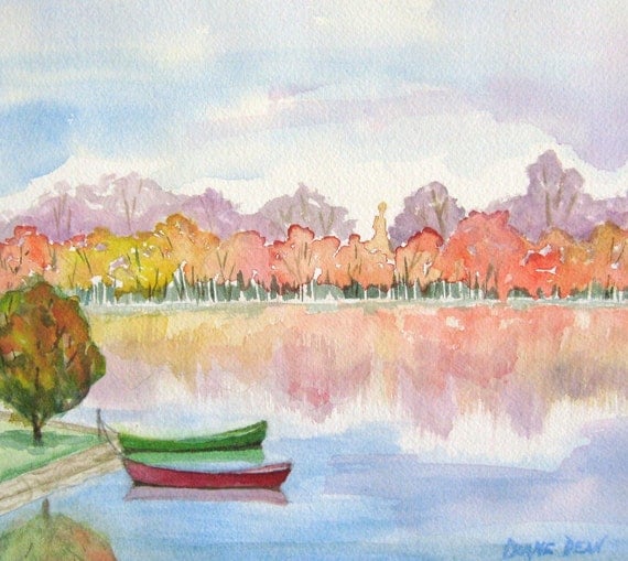 Watercolor Lake Canoes reflections Trees Print