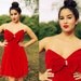 Vintage 1980s Bright Red Velvet Strapless Bow Party Dress