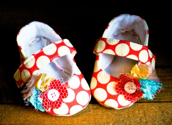 Items similar to Cream Dots on Cherry Mary Janes - Baby Shoes on Etsy