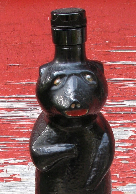Vintage bottle Bear figural black glass liqueur decanter circa