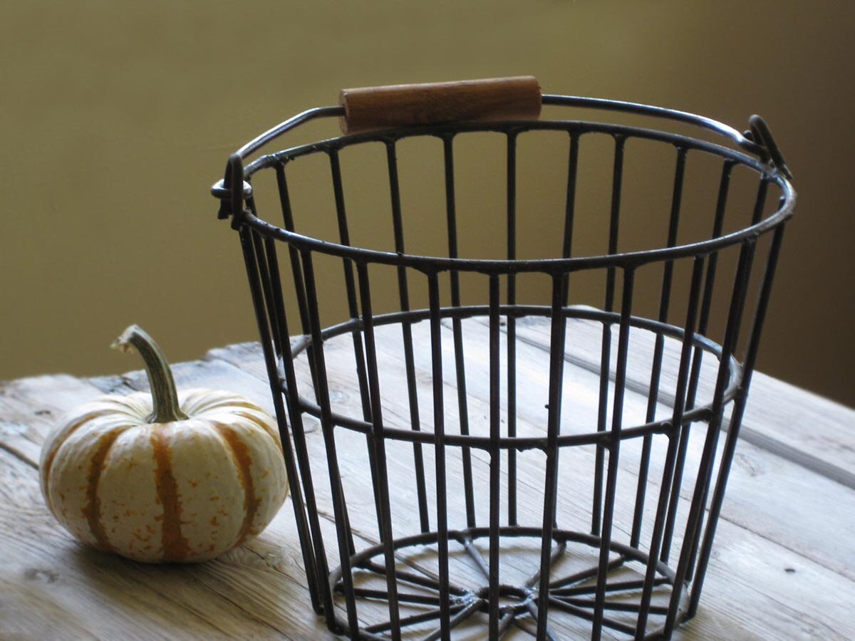 egg basket wooden handle metal black by TejasVintage on Etsy