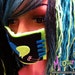 Blue, Black, and Green Rave Face Mask with Broken Heart Design and Safety Pins