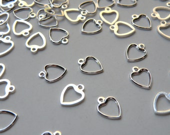 20 Simple little open heart charms shiny silver plated brass 10x7mm 7585FD