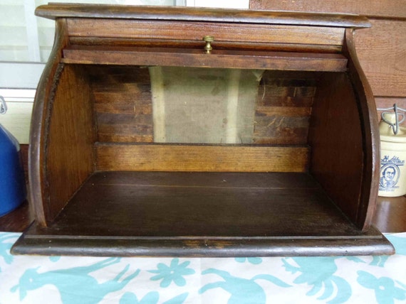 Vintage Wood Roll Top Bread Box. Original Stain and Paint.