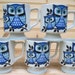 Vintage owl mugs, blue and white owls