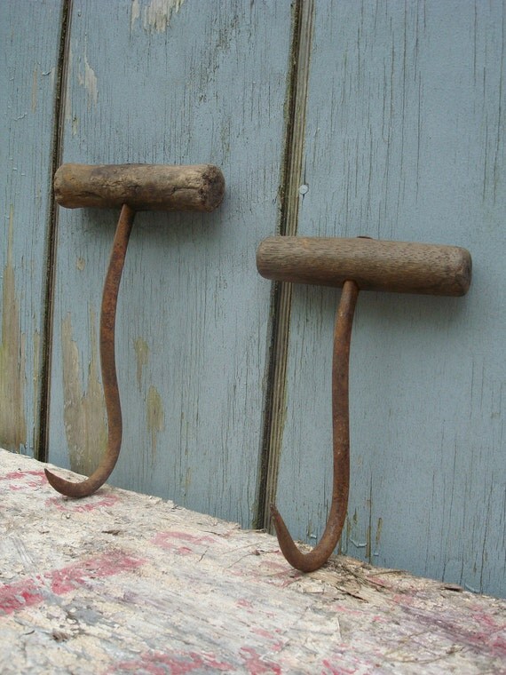 Pair of Vintage Rustic Hay Bale Hooks with Wood Handles