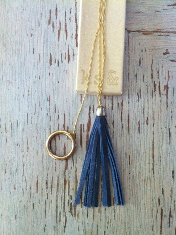 Navy Leather Tassel Necklace with a Brass Ring