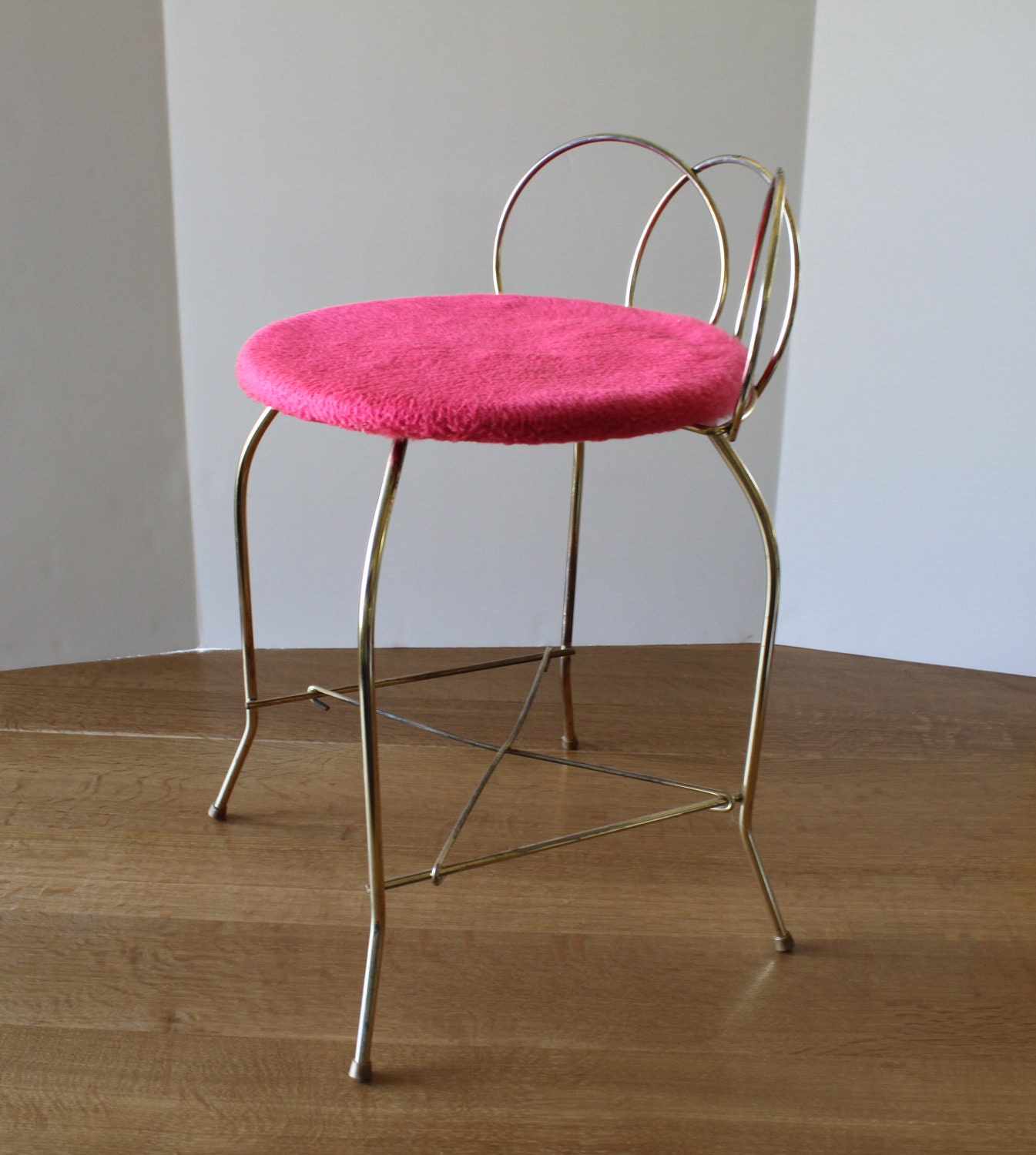 Vintage Vanity Chair Metal Bench Stool Retro Mod Hot Pink