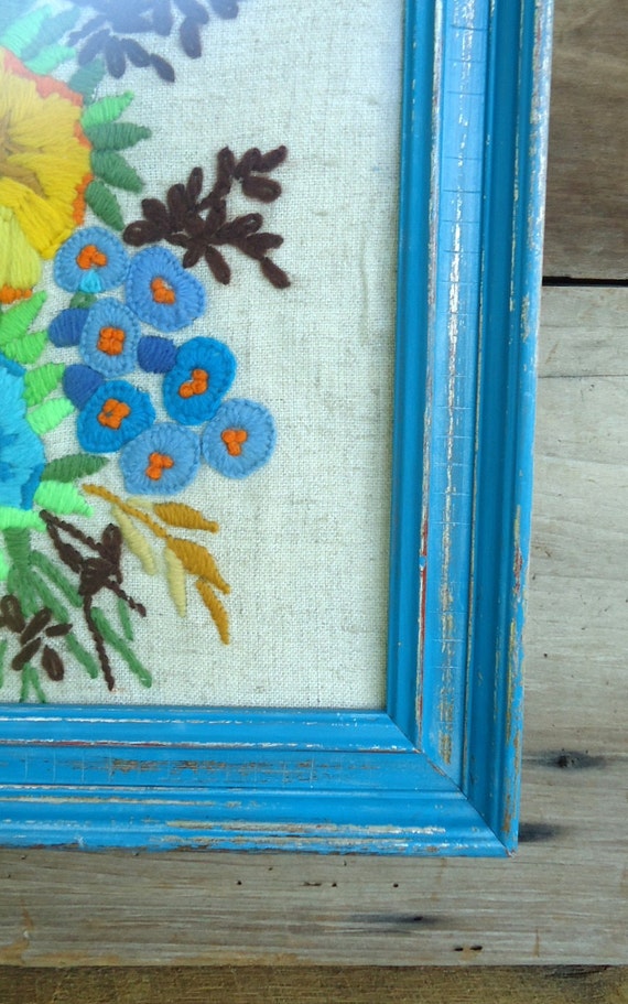 Vintage Crewel Framed Floral Flowers Embroidery Embroidered