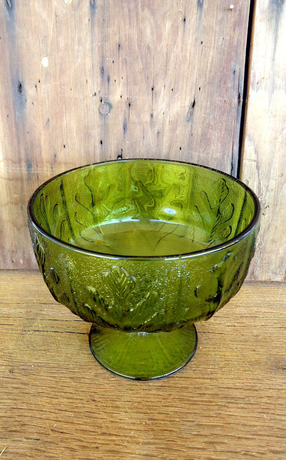 Vintage Green Bowl Glass Pedestal Footed Compote Floral