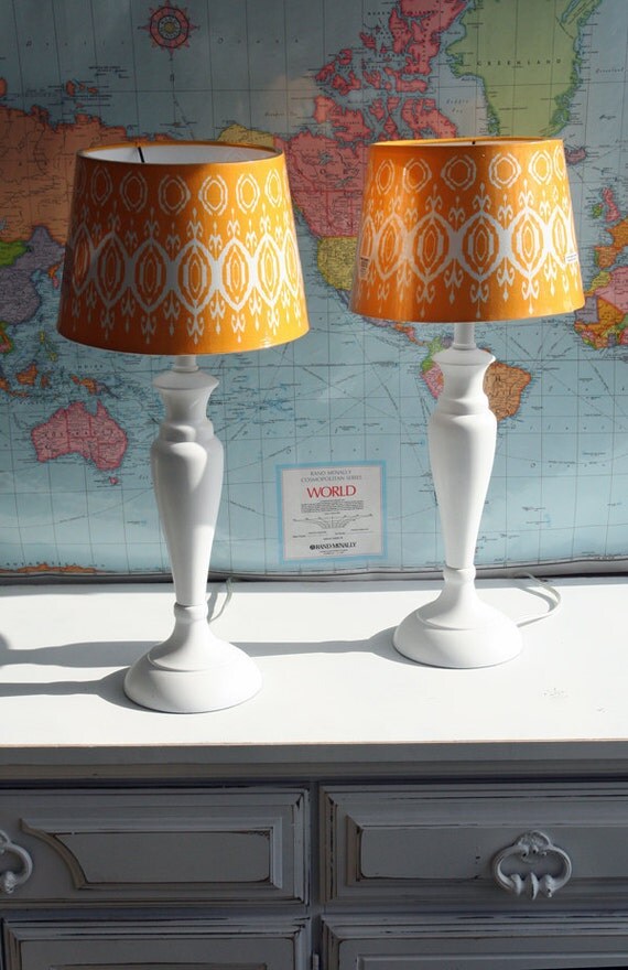 2 Small Vintage White Bedside Lamps with Yellow Shades By Foo