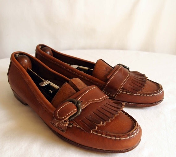 vintage dexter loafers in brown leather with fringe and