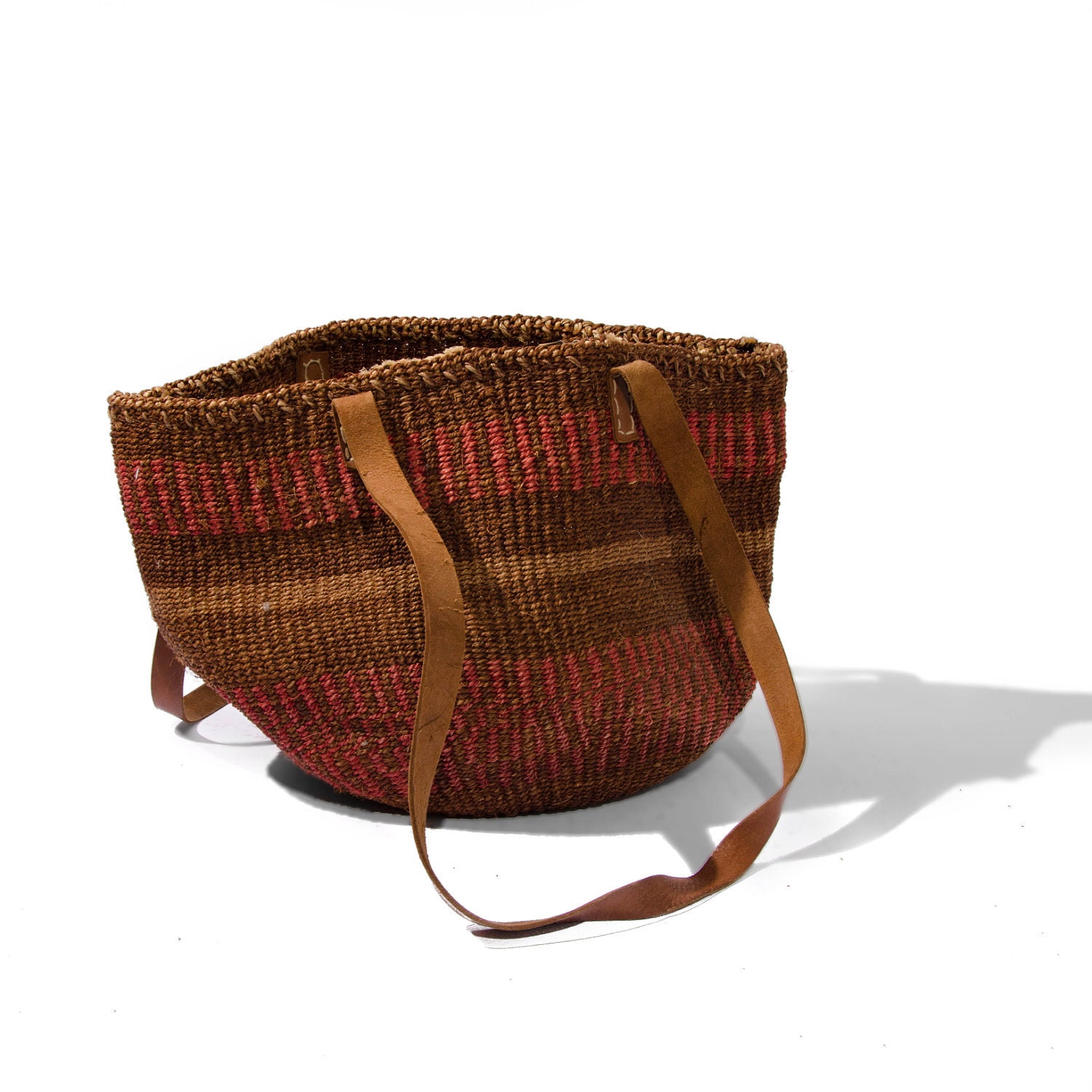 Vintage Woven Sisal Market Bag Red and Brown Made in Kenya