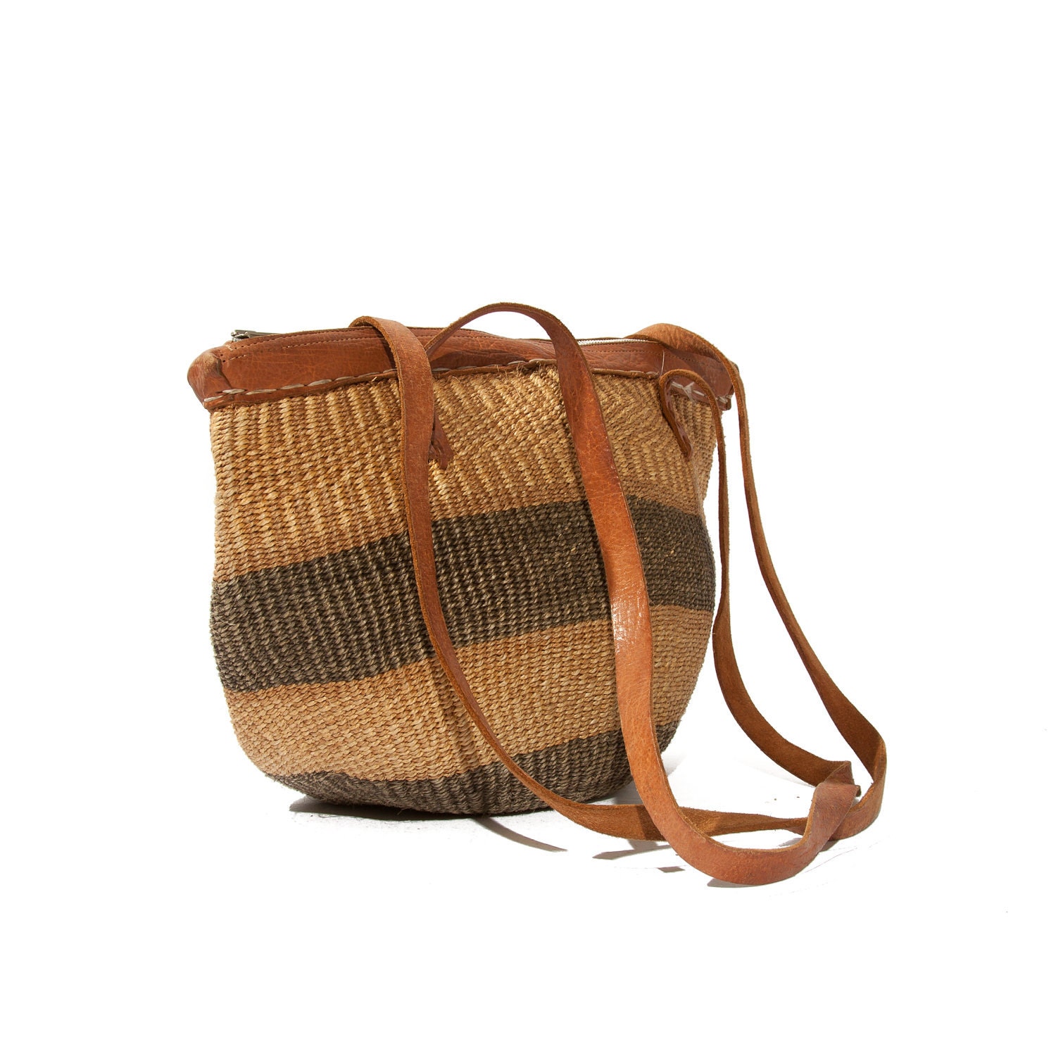 Vintage Woven Straw Market Tote Sisal Bag Brown Leather Trim