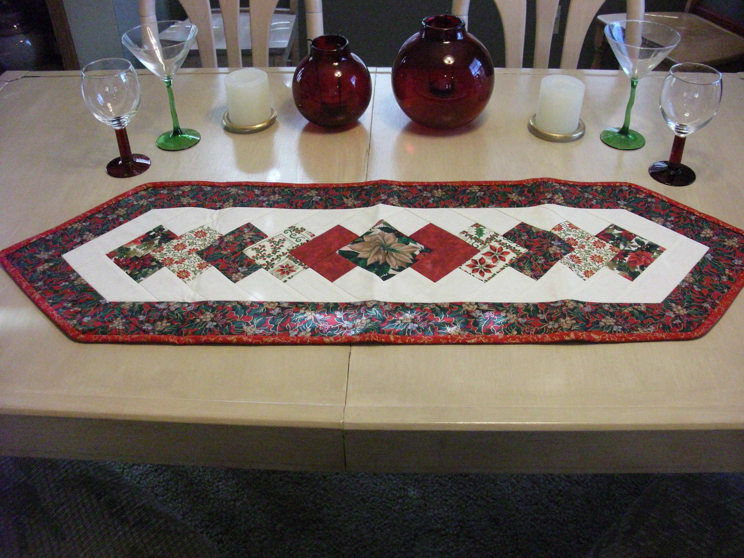 RESERVED Tan Poinsettia center Table Runner featuring red