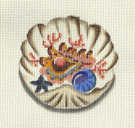 Needlepoint Sea Shell Canvas Clam Shell with Blue Nautilus