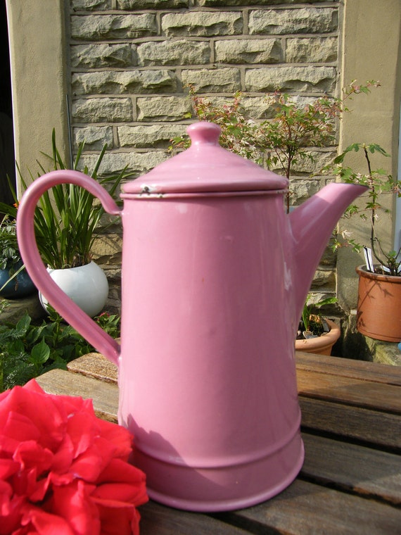 Pink enamel coffee pot. Original vintage.